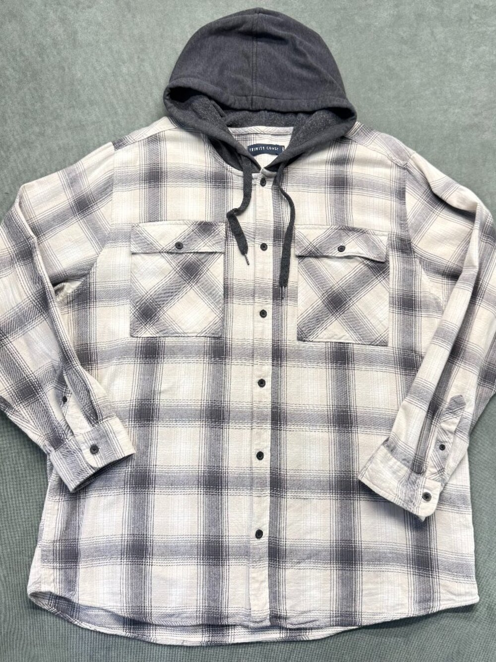 Trinity Coast Hooded Flannel Shirt Mens 2XL Gray Plaid Lightweight Button Front